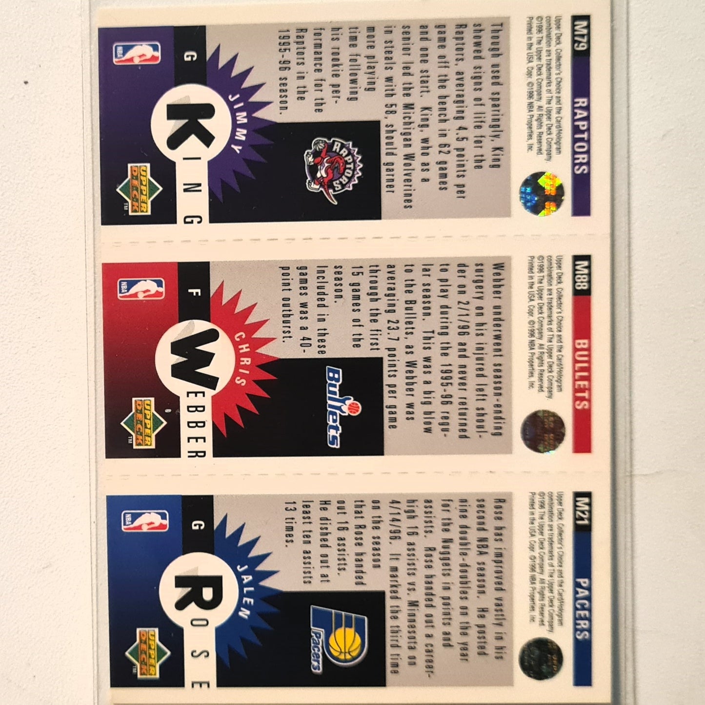 Chris Webber Jalen rose 1996 Upper-Deck mini's M79 M88 M21 NBA Basketball Washington Bullets Excellent Sleeved