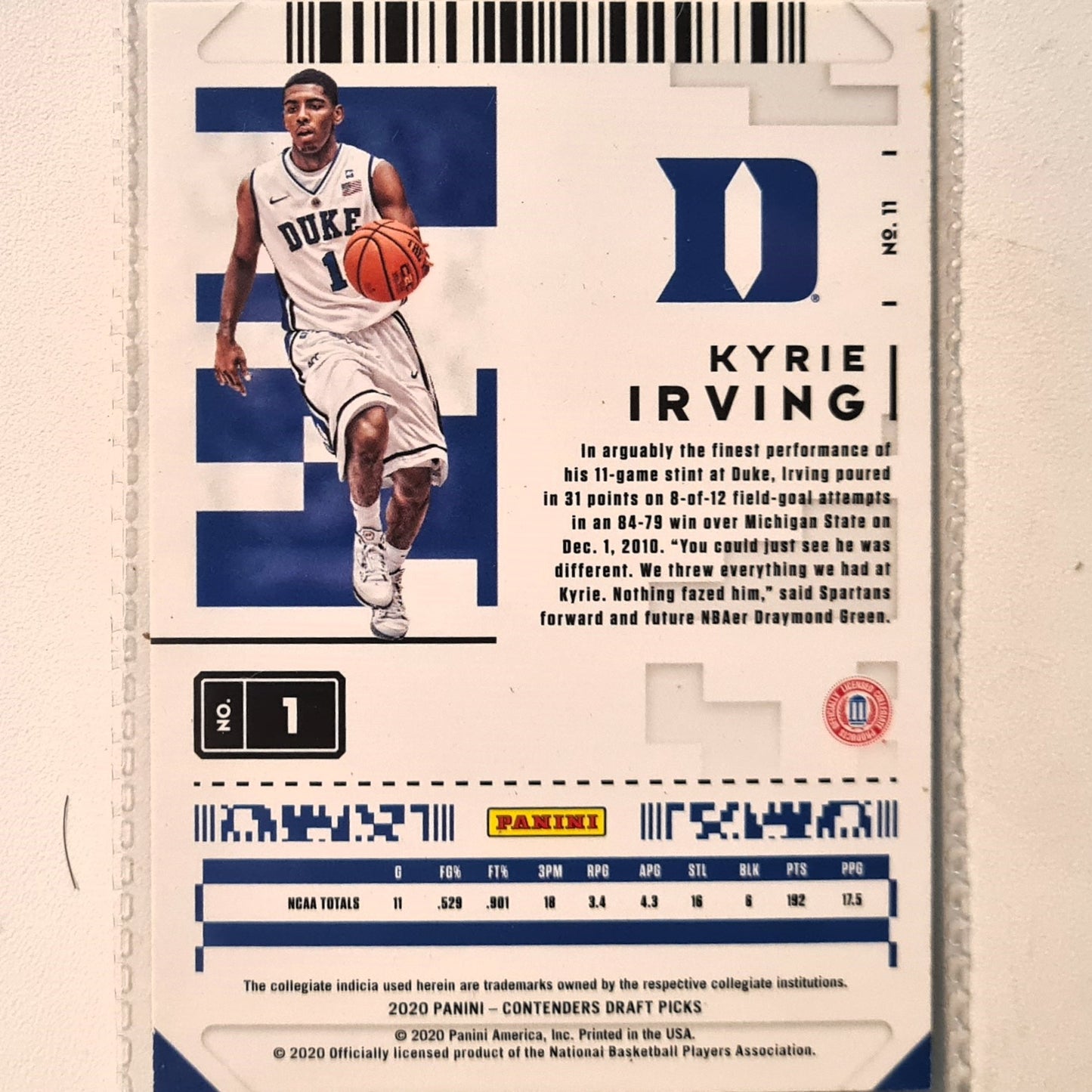 Kyrie Irving 2020 Panini Contenders draft picks #11 NBA Basketball Duke excellent Sleeved