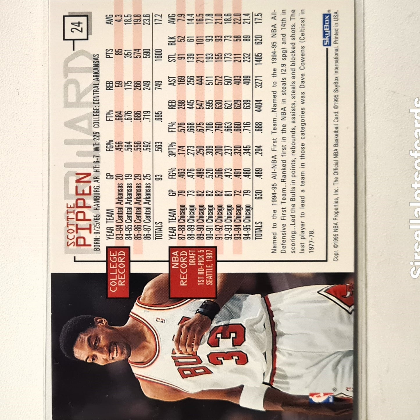 Scottie Pippen 1995 Skybox NBA hoops #24 NBA Basketball Chicago Bulls Excellent Sleeved