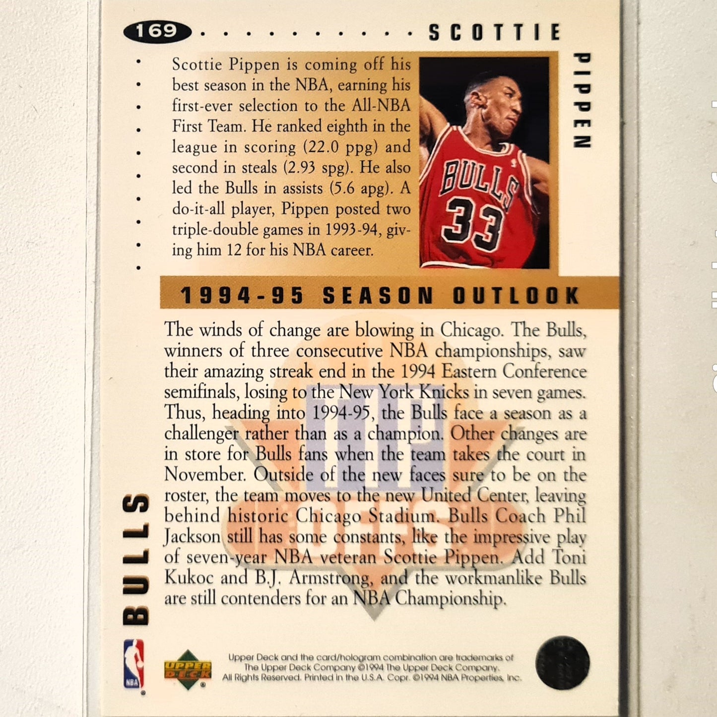 Scottie Pippen 1994 Upper-Deck Tip Offs #169 NBA Basketball Chicago Bulls very good Sleeved