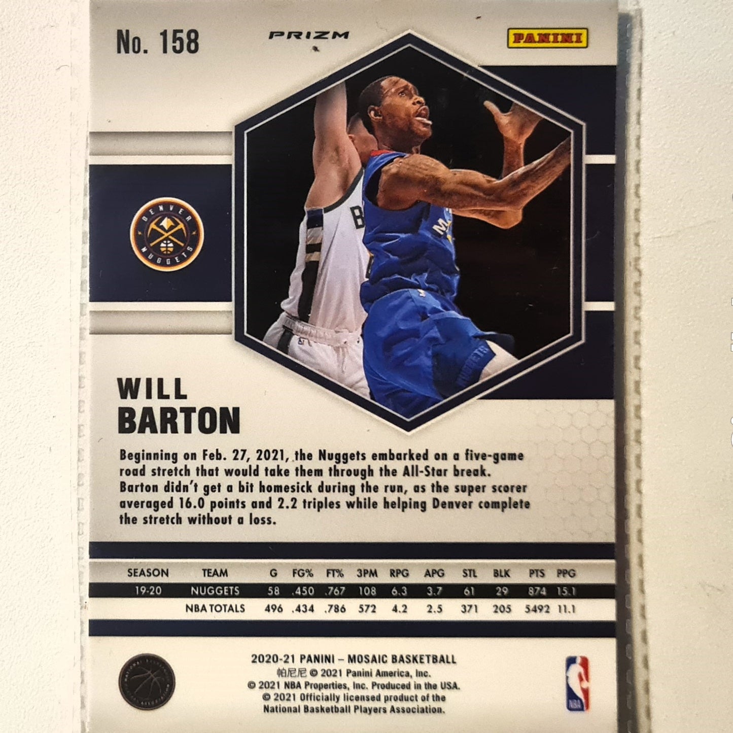 Will Barton 2020-21 Panini Mosaic pink prizm #158 NBA Basketball Denver Nuggets Excellent/mint sleeved