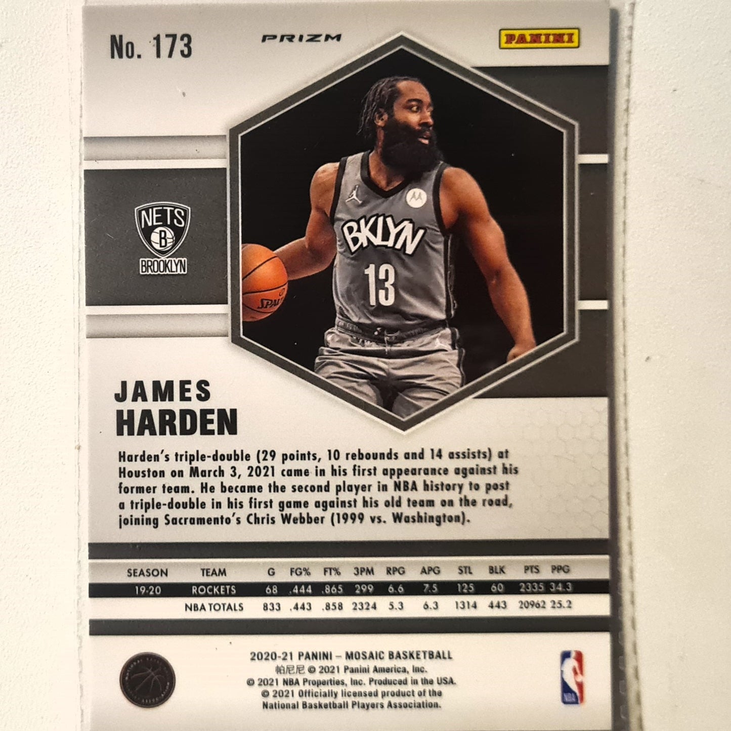 James Harden 2020-21 Panini Mosaic pink prizm #173 NBA Basketball Brooklyn Nets Excellent/mint sleeved