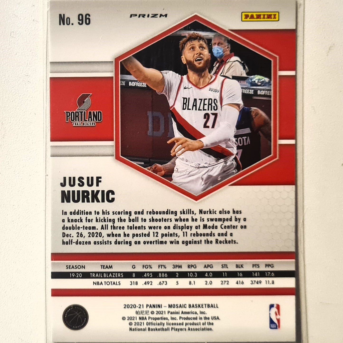 Jusuf Nurkic 2020-21 Panini Mosaic orange reactive prizm #96 NBA Basketball Toronto Trail Blazers Excellent/mint sleeved
