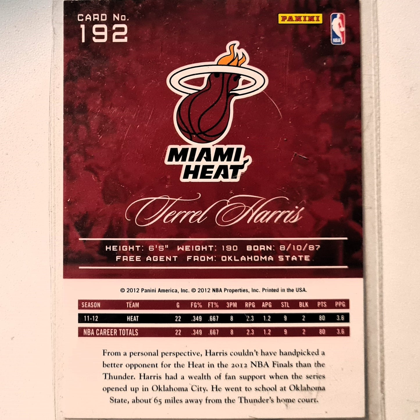 Terrel Harris 2012 Panini Prestige Rookie RC #192 NBA Basketball Miami Heat Very Good Sleeved