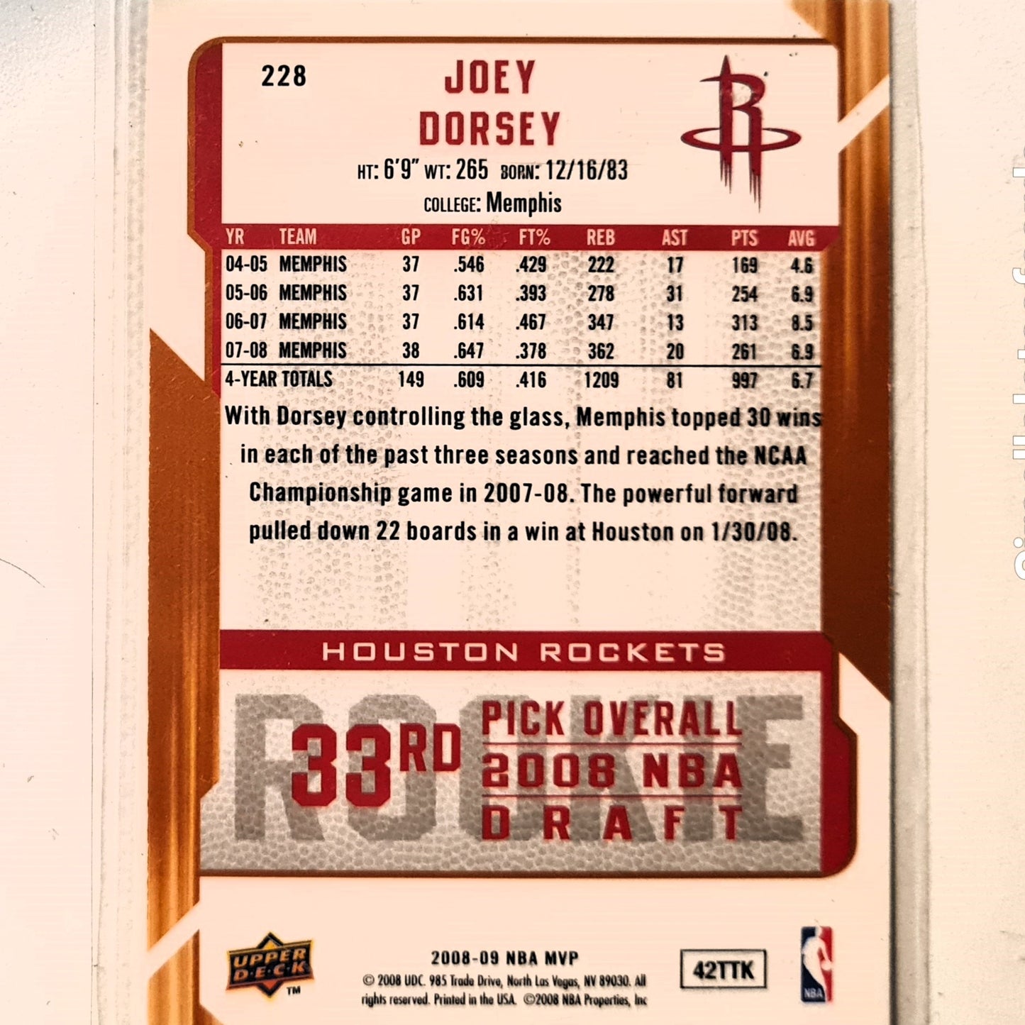 Joey Dorsey 2008-09 Upper-Deck MVP Rookie RC #192 NBA Basketball Houston rockets Excellent Sleeved