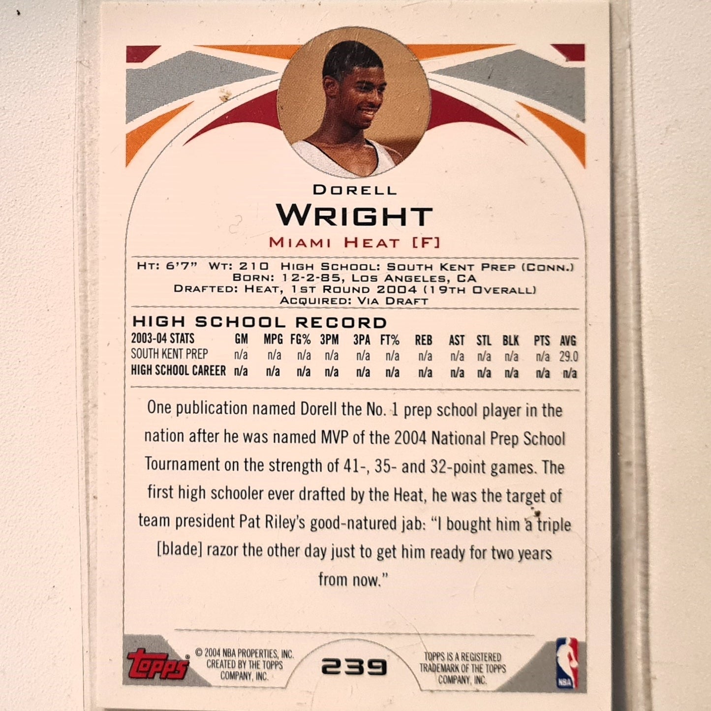 Dorell Wright 2004 Topps Rookie RC #239 NBA Basketball Miami Heat very good Sleeved