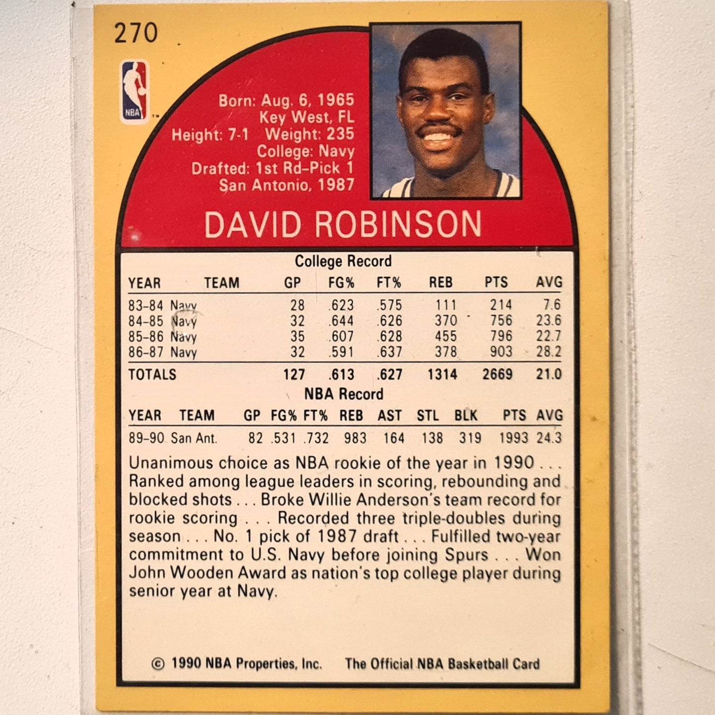 David Robinson 1990 NBA hoops Rookie RC #239 NBA Basketball San Antonio Spurs very good/excellent Sleeved