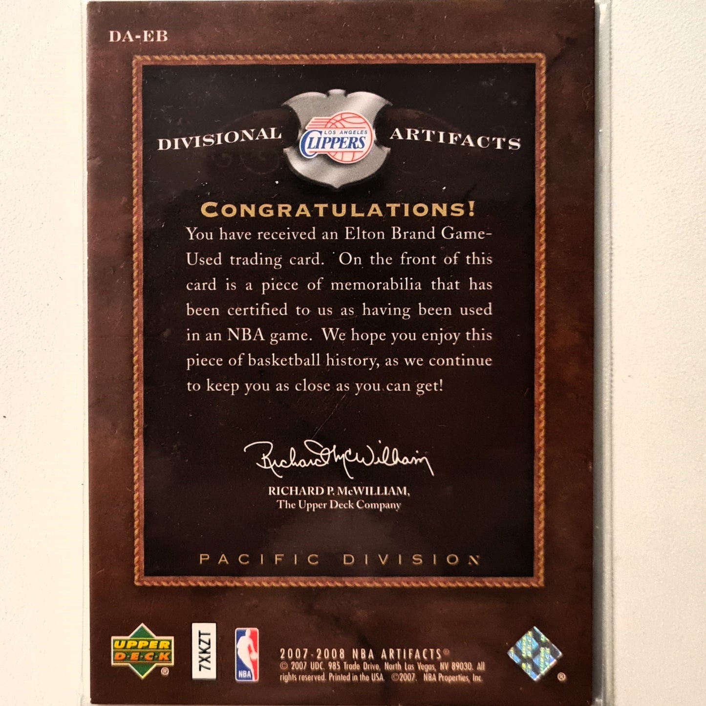 Elton Brand 2007-08 Upper-Deck Divisional Artifacts Relic Patch DA-EB NBA Basketball LA Clippers excellent sleeved