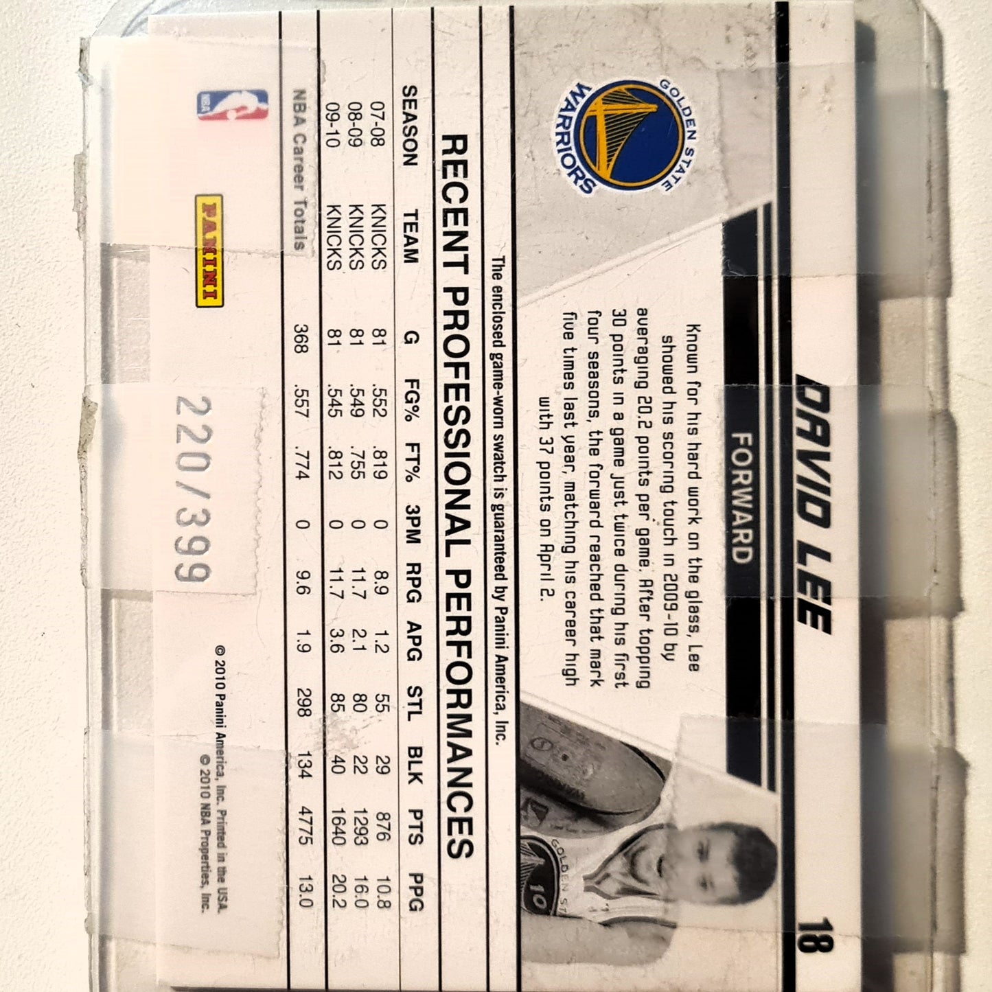 David Lee 2010 Panini Donruss production line 220/399 relic patch #18 NBA Basketball Golden State Warriors Excellent sleeved