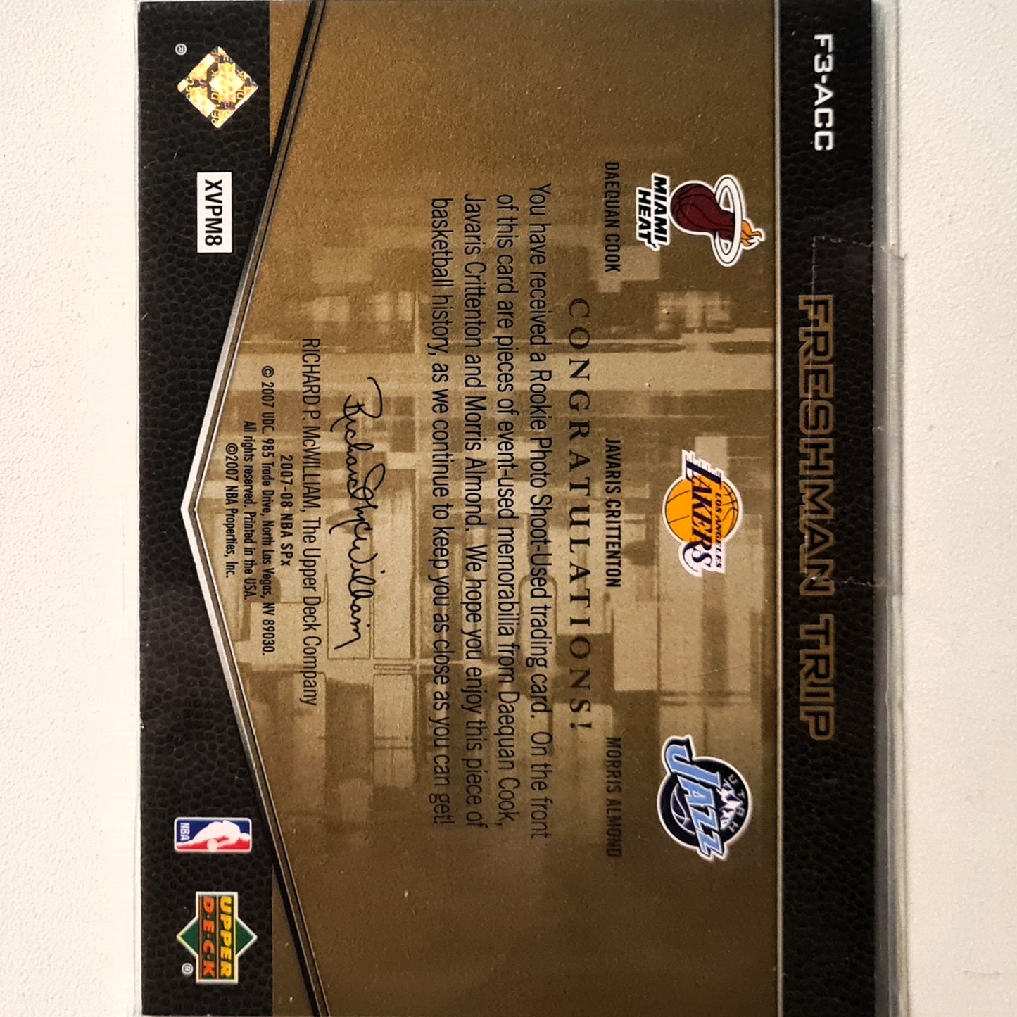 Daequan Cook Morris Almond Javaris Crittenton 2007-08 Upper-Deck Freshman Trip triple rookie RC Patch F3-ACC NBA Basketball Lakers Heat Jazz very good sleeved