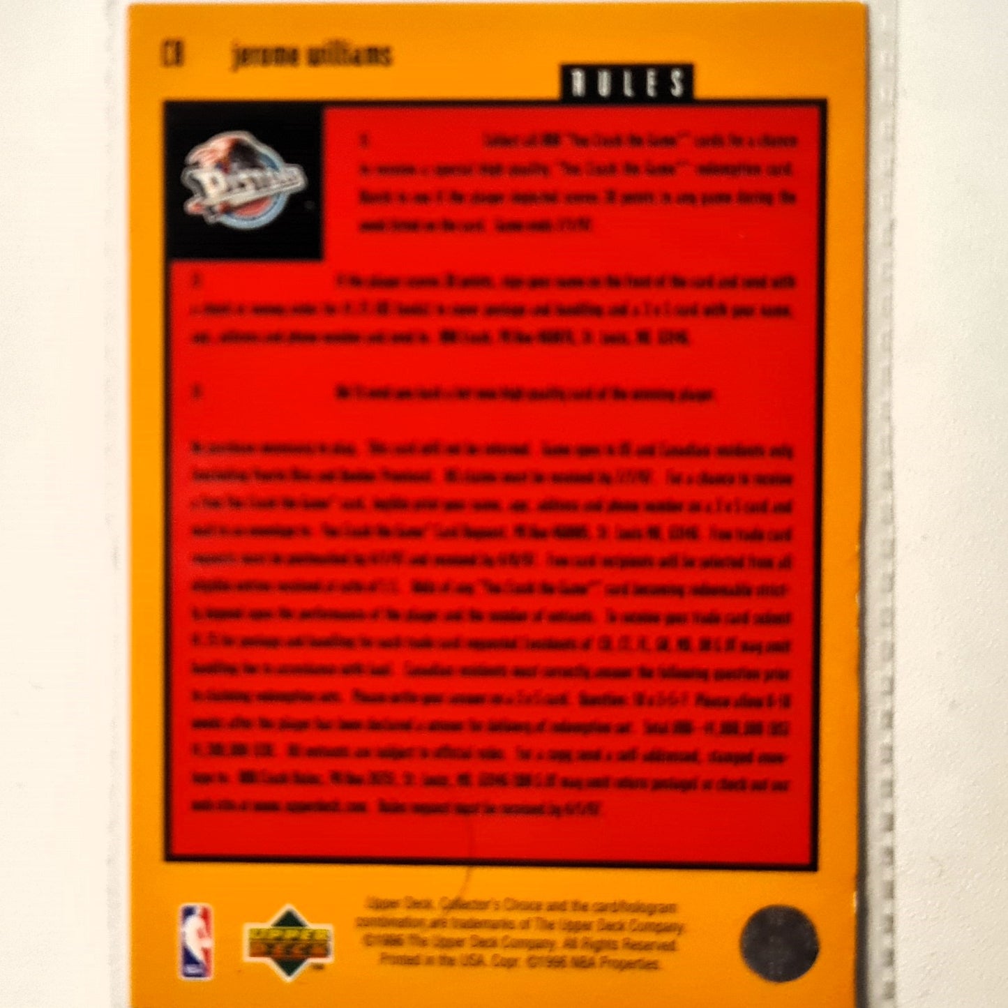 Jerome Williams 1996 Upper Deck you crash the game C8 NBA Basketball Detroit Pistons very good sleeved