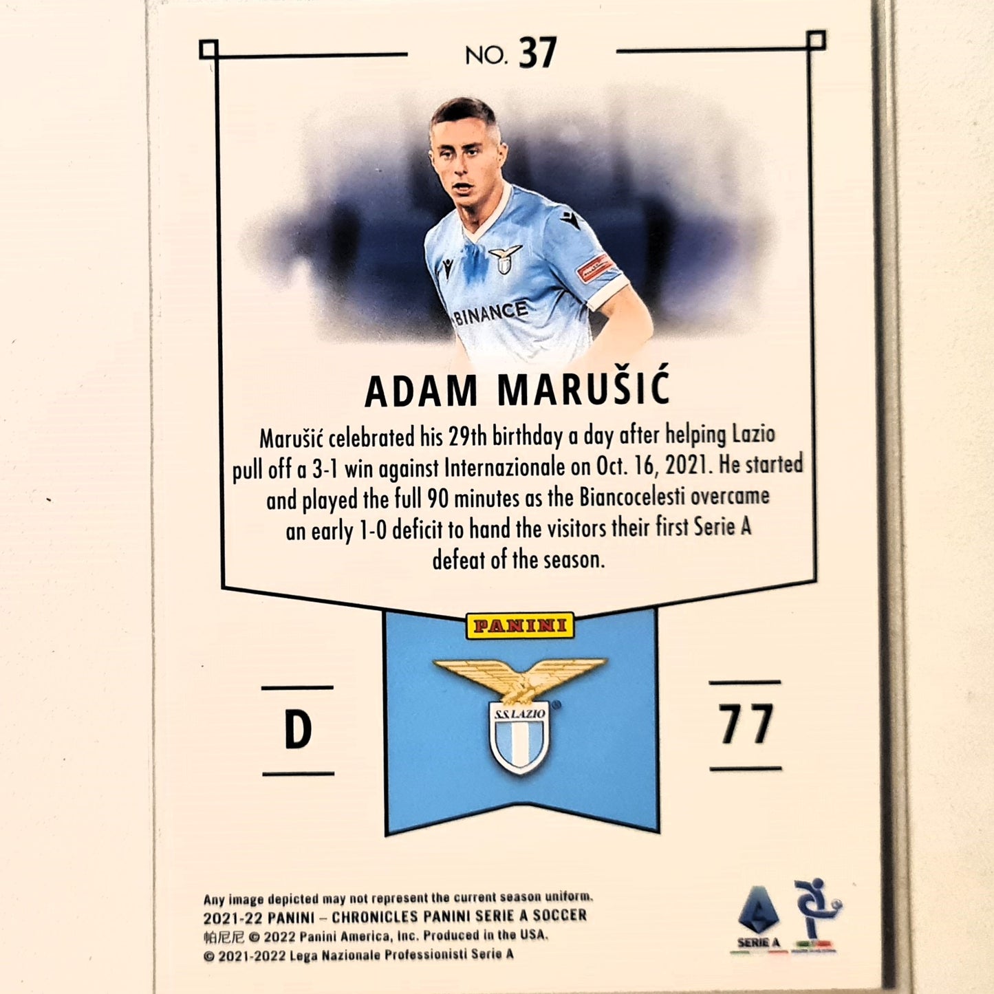 Adam Marusic 2021-22 Panini Chronicles Serie A Rookie RC #37 Football Soccer SS Lazio Excellent sleeved