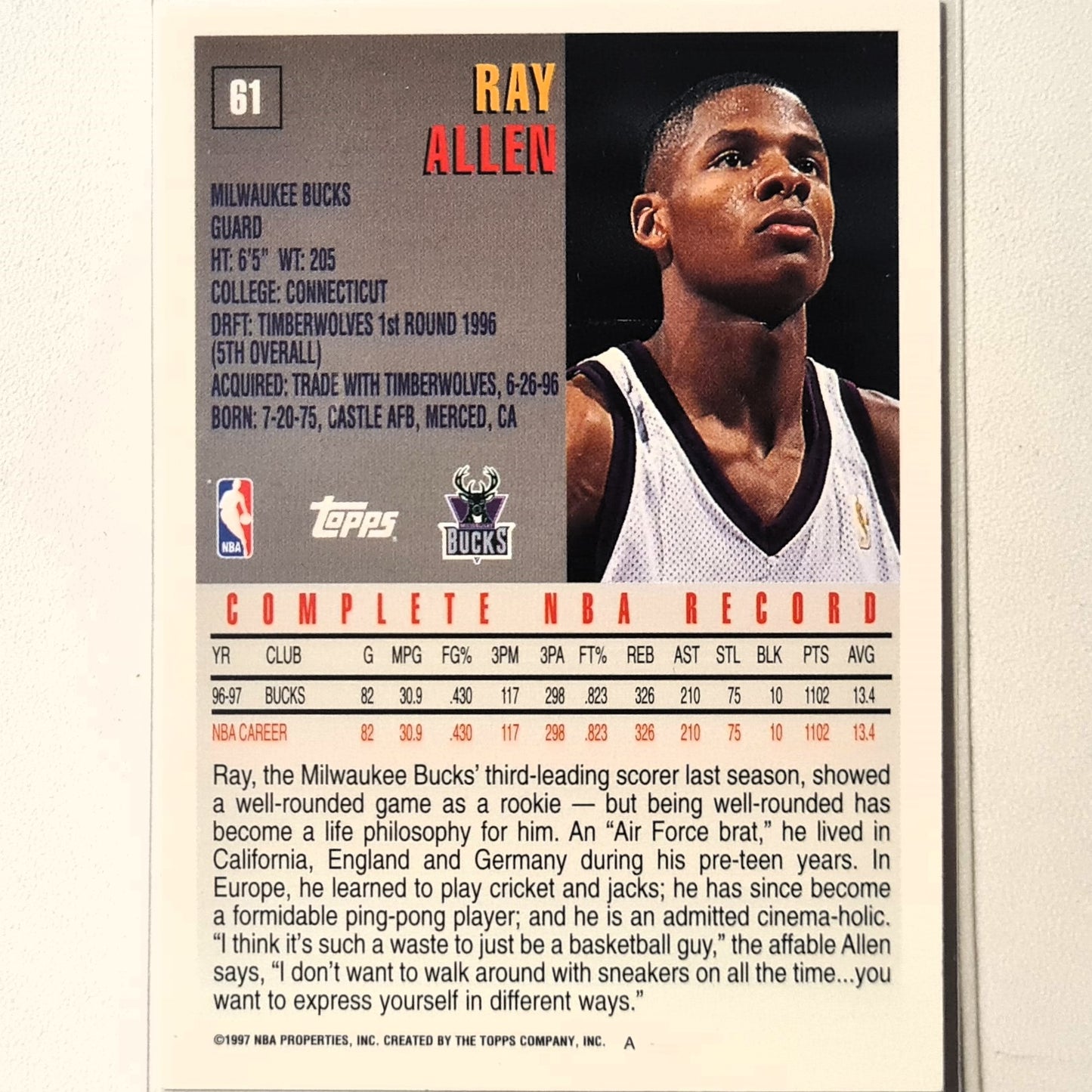 Ray Allen 1997 Topps #61 NBA Basketball Milwaukee Bucks Excellent sleeved