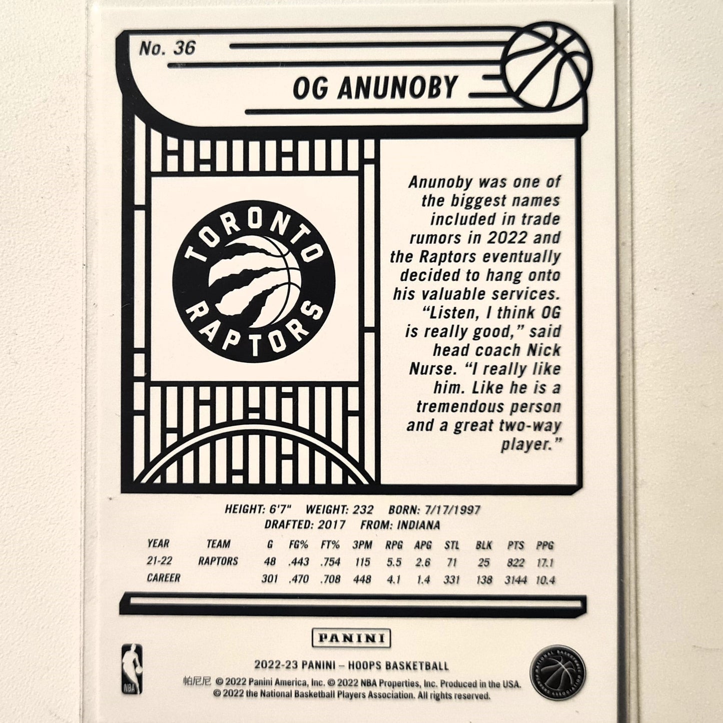 OG Anunoby 2022-23 Panini NBA Hoops #36 NBA Basketball Toronto Raptors Excellent/Mint sleeved