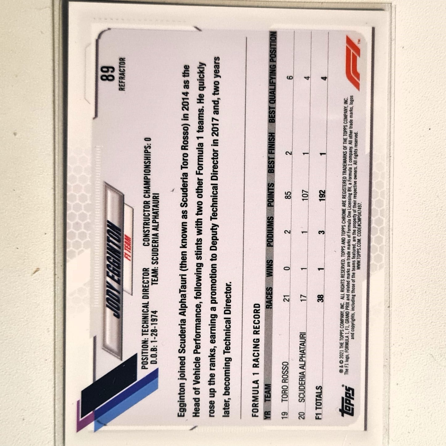 Jody Egginton 2021 Topps Chrome refractor #89 F1 Formula one Alfatauri Excellent/mint sleeved