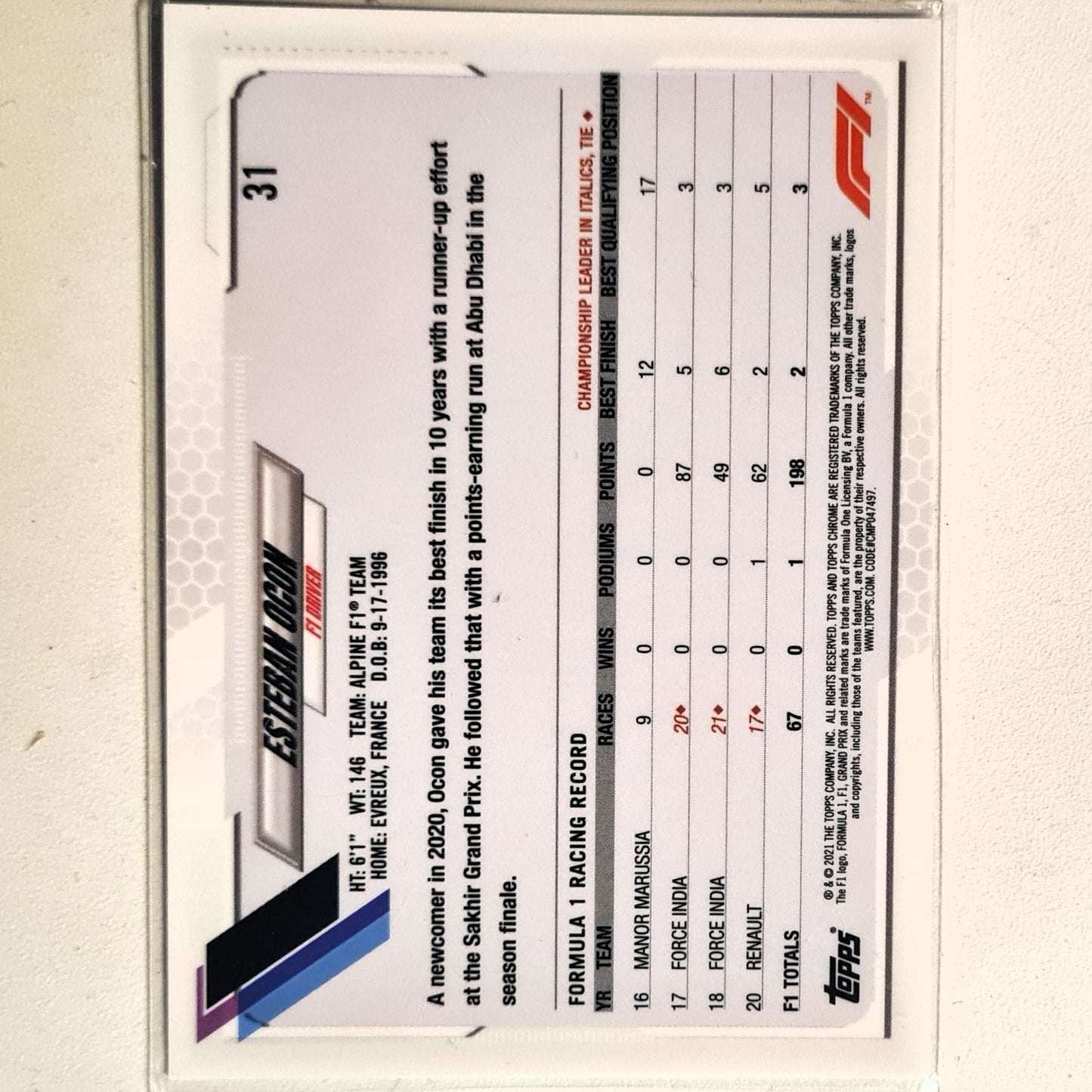 Esteban Ocon 2021 Topps Chrome #31 F1 Formula one Alpine Excellent/mint sleeved