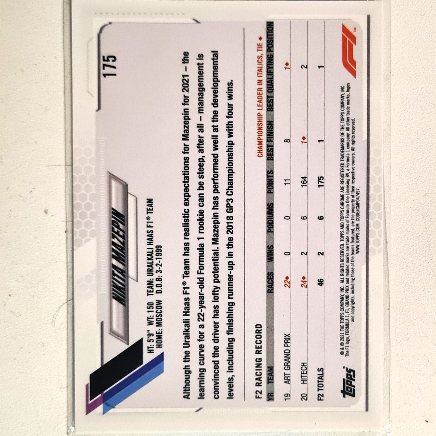 Nikita Mazipan 2021 Topps Chrome Freshest Rookie RC #175 F1 Formula one Haas Team Excellent/mint sleeved