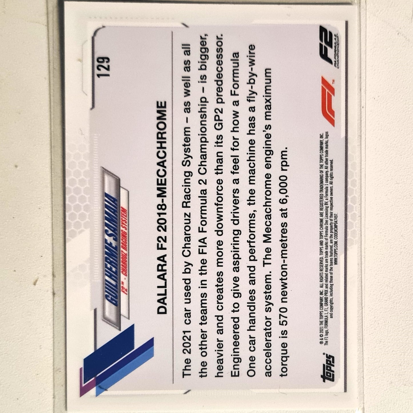 Gulherme Samaia 2021 Topps Chrome #129 F1 Formula one F2 Charouz Racing System Excellent/mint sleeved
