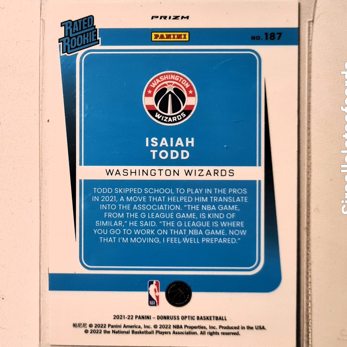 Isaiah Todd 2021-22 Panini Donruss Rated Rookie blue Velocity #187 NBA Basketball Washington Wizards Mint sleeved