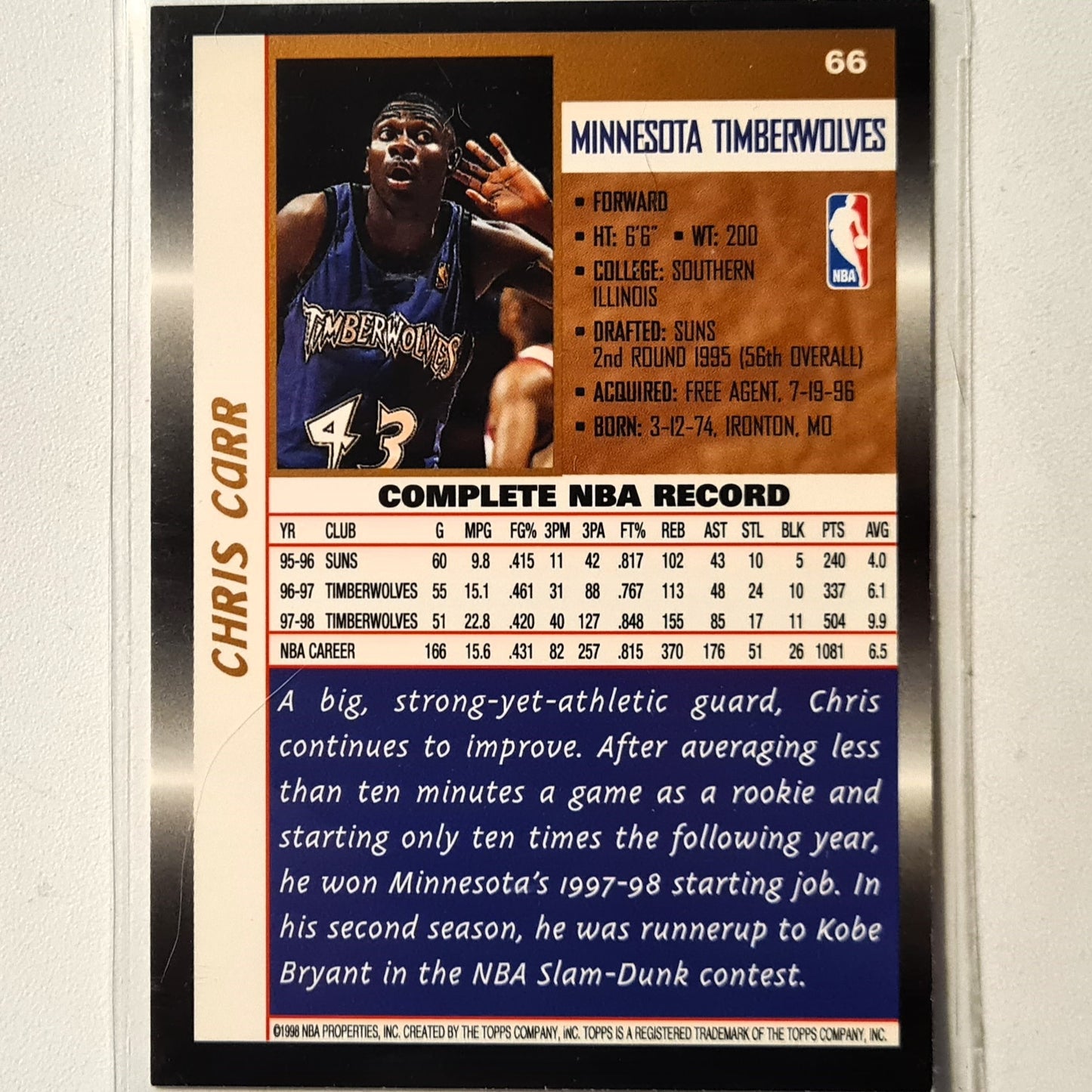 Chris Carr 1998 Topps #66 NBA Basketball Minnesota Timberwolves Excellent sleeved