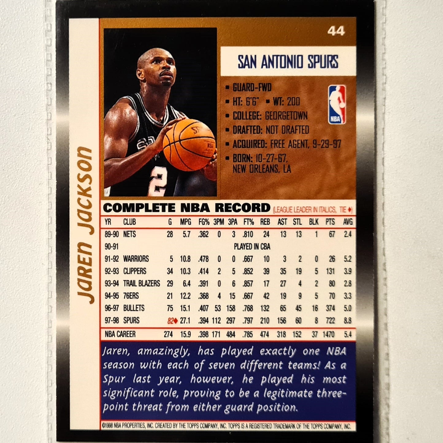 Jaren Jackson 1998 Topps #44 NBA Basketball San Antonio Spurs Excellent sleeved