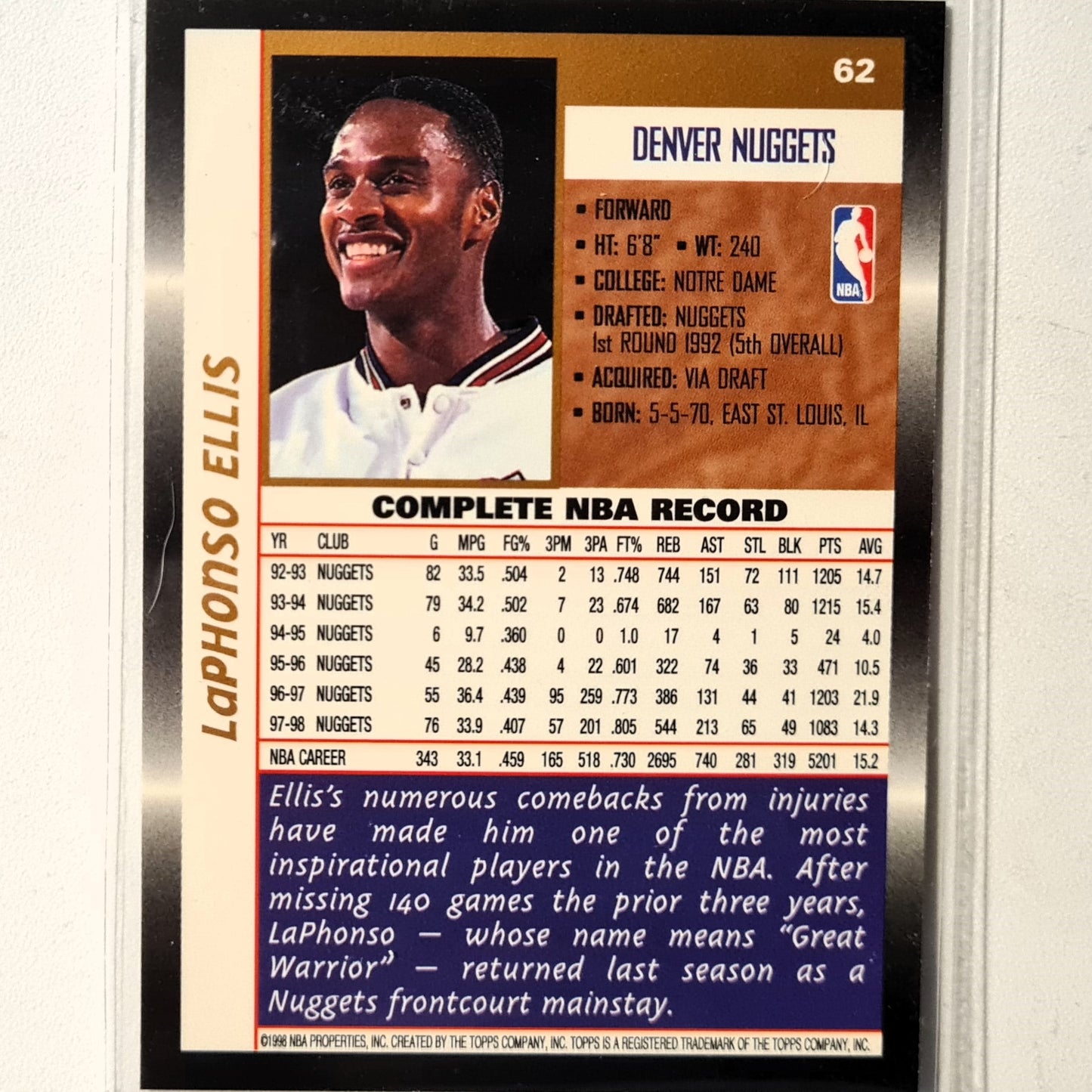 LaPhonso Ellis 1998 Topps #62 NBA Basketball Denver Nuggets Excellent sleeved