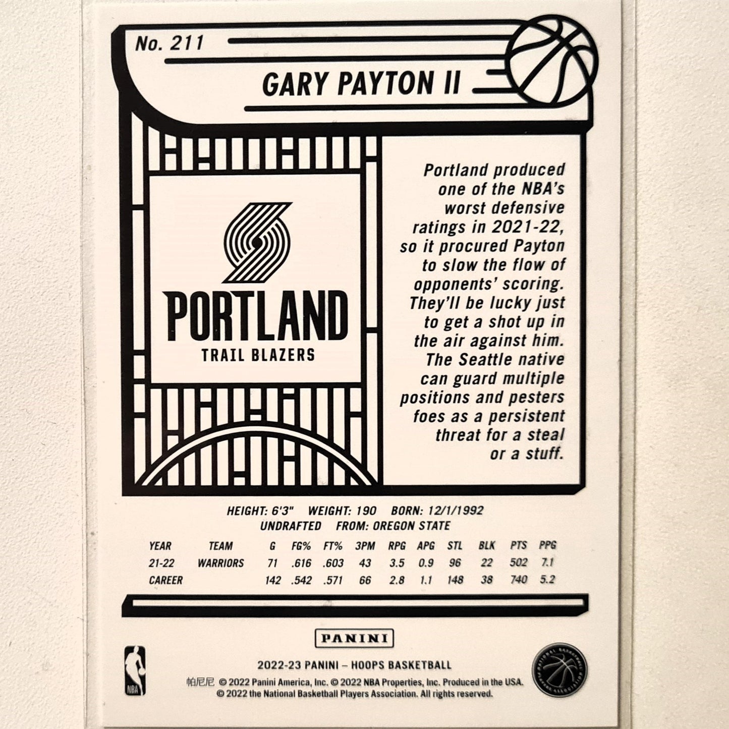 Gary Payton II 2022-23 Panini Hoops #211 NBA Basketball Portland Trail Blazers Excellent sleeved