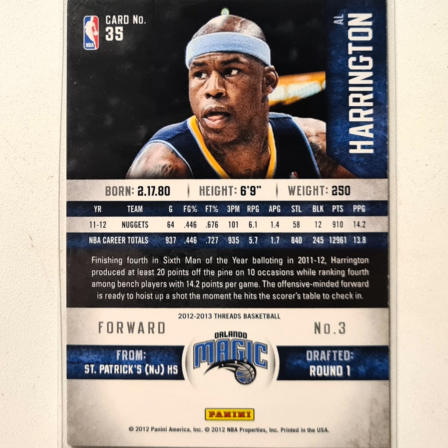 Al Harrington 2012 Panini Threads #35 NBA Basketball Orlando Magic very good sleeved