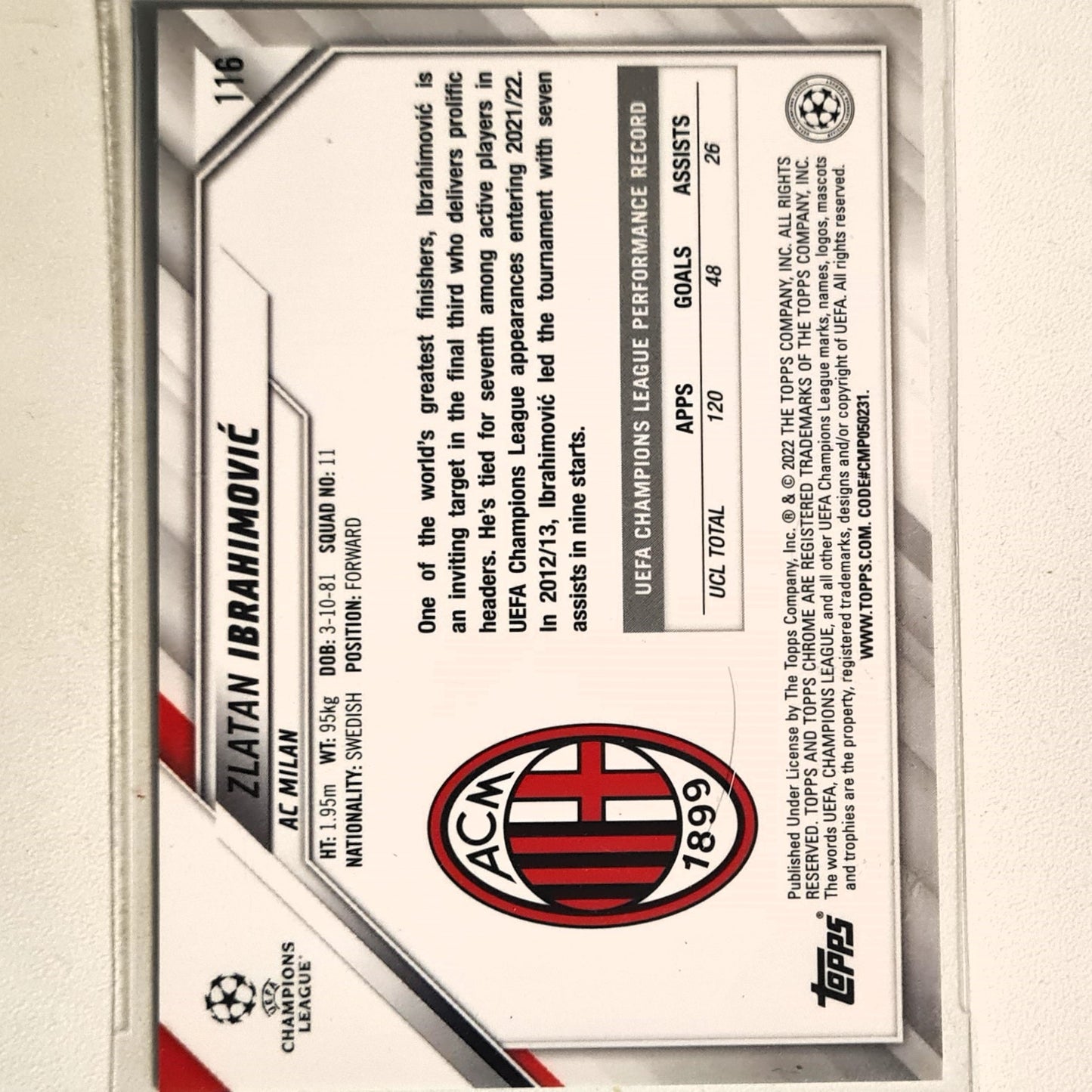 Zlatan Ibrahimović 2022 Topps Chrome Champions League #116 Soccer Football AC Milan mint sleeved