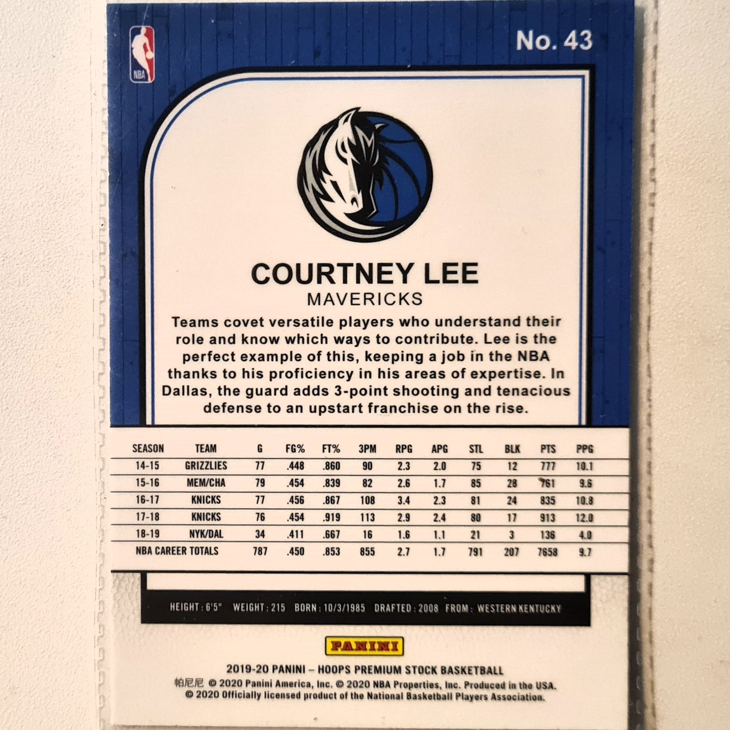 Courtney Lee 2019-20 Panini Hoops Premium Stock #43 NBA Basketball Dallas Mavericks Excellent sleeved