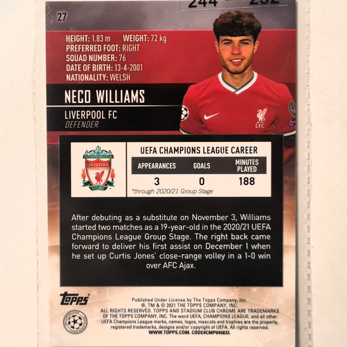 Neco Williams 2021 Topps Champions League rookie RC #27 Soccer Football Liverpool Excellent/mint Sleeved