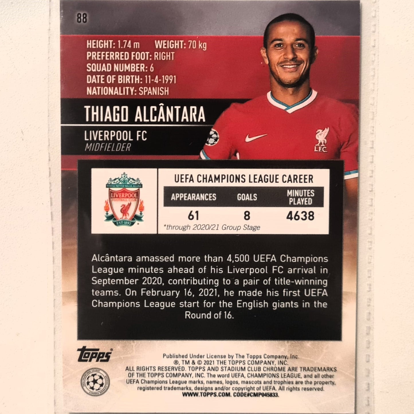 Thiago Alcantara 2021 Topps Champions League rookie #88 Soccer Football Liverpool Excellent/mint Sleeved