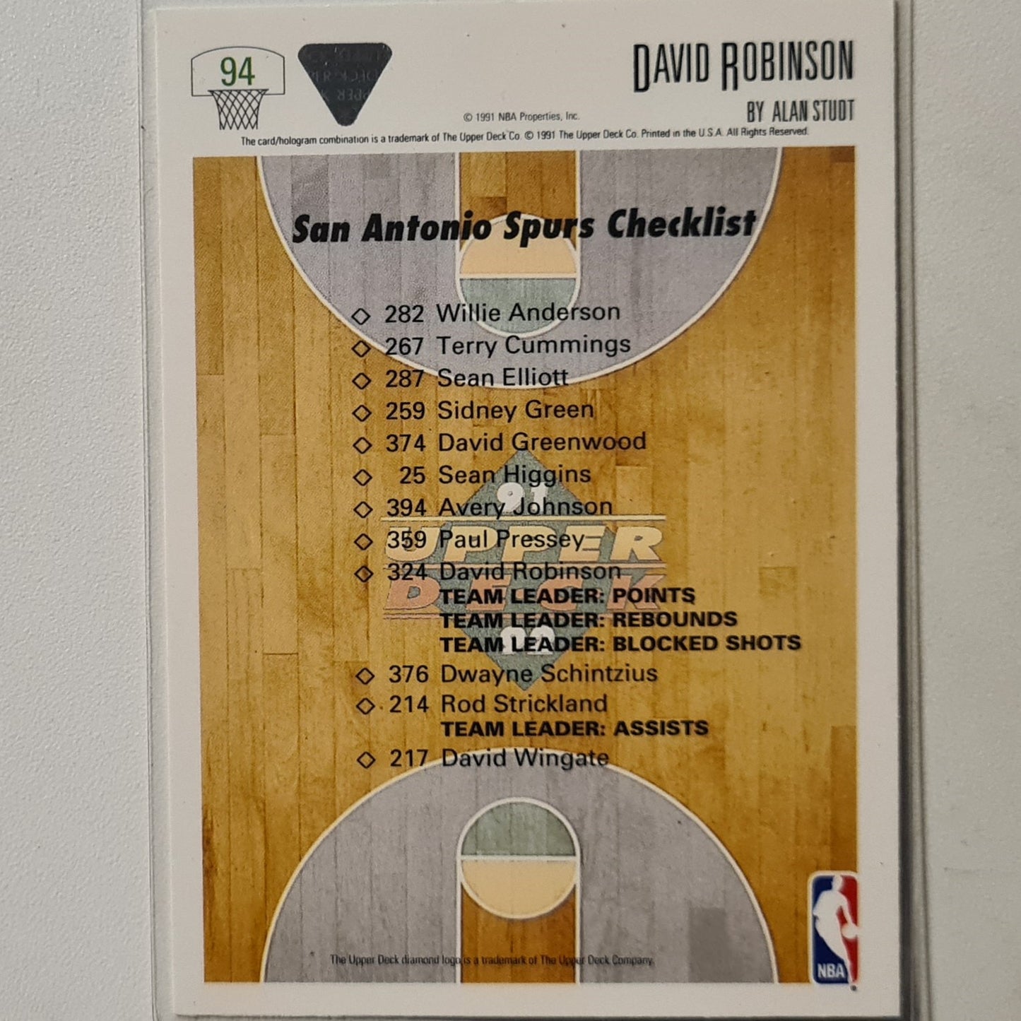 David Robinson 1991 Upper-Deck Alan Studt illustrated #94 NBA Basketball San Antonio Spurs Excellent sleeved