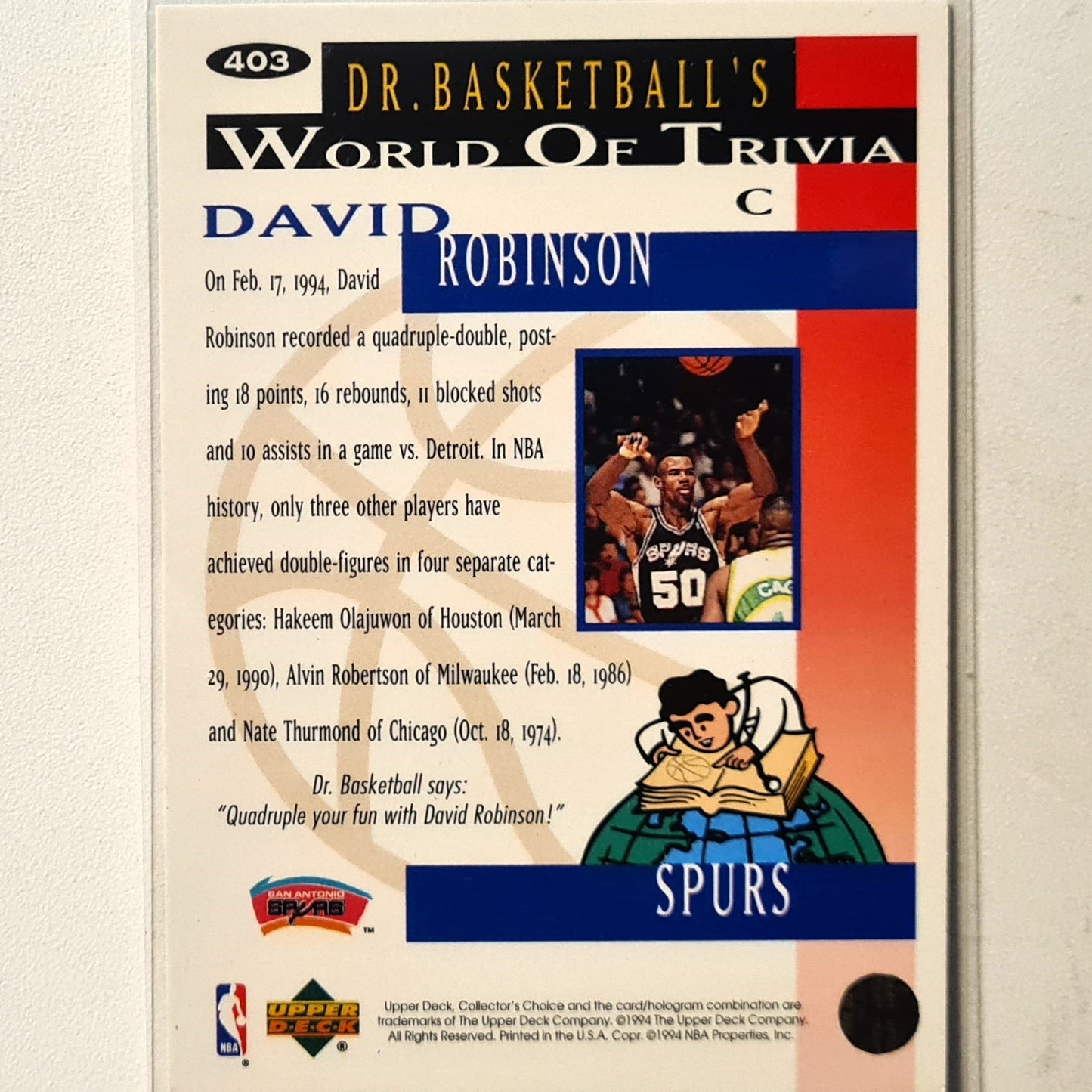 David Robinson 1994 Upper-Deck world of trivia #403 NBA Basketball San Antonio Spurs Excellent sleeved