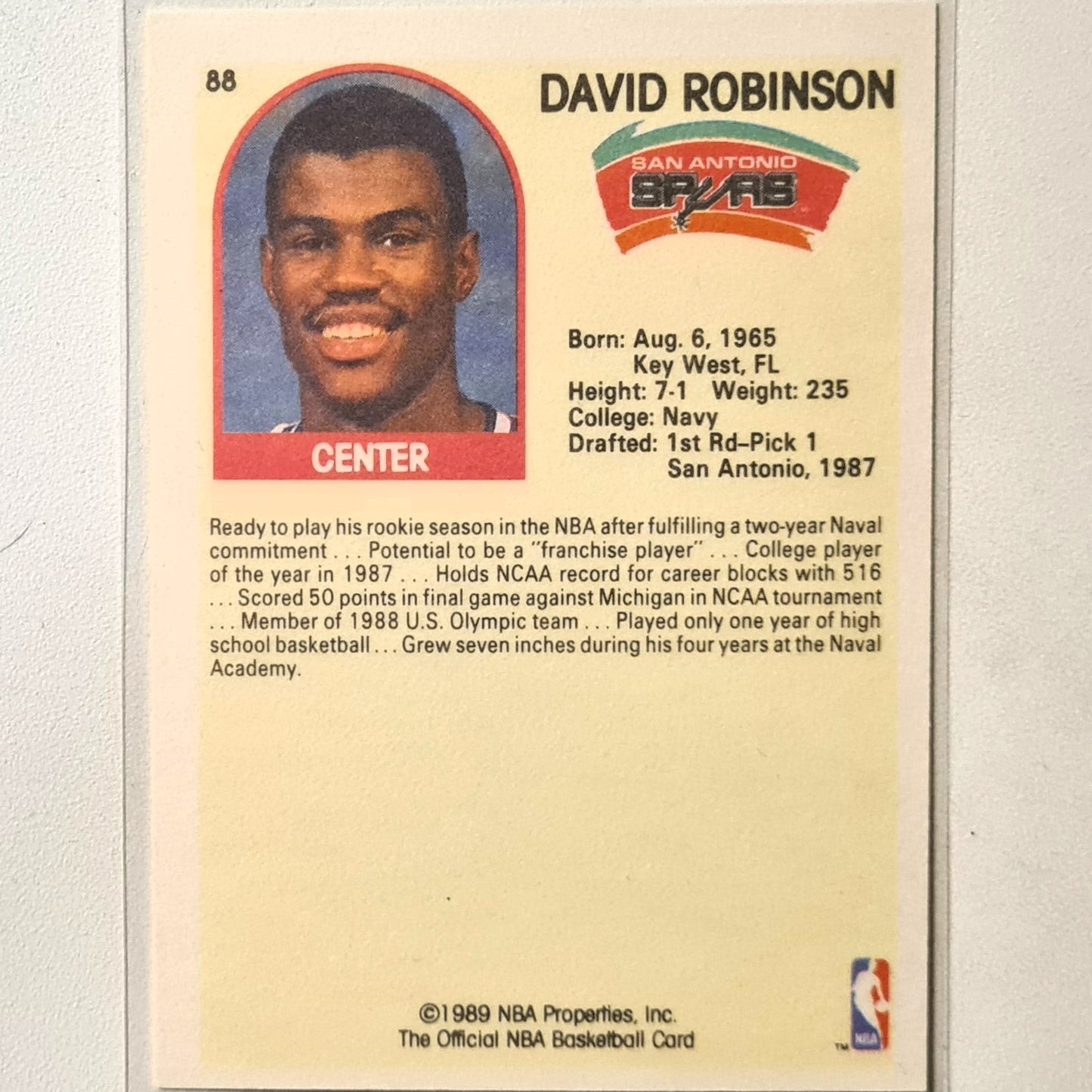 David Robinson 1989 NBA Hoops #88 NBA Basketball San Antonio Spurs Excellent sleeved