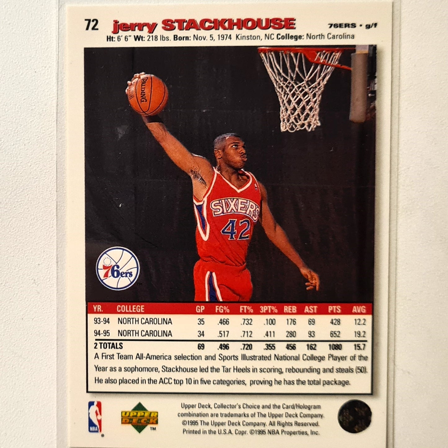 Jerry Stackhouse 1995 Upper-Deck Rookie RC #72 NBA Basketball Philadelphia 76ers Excellent sleeved