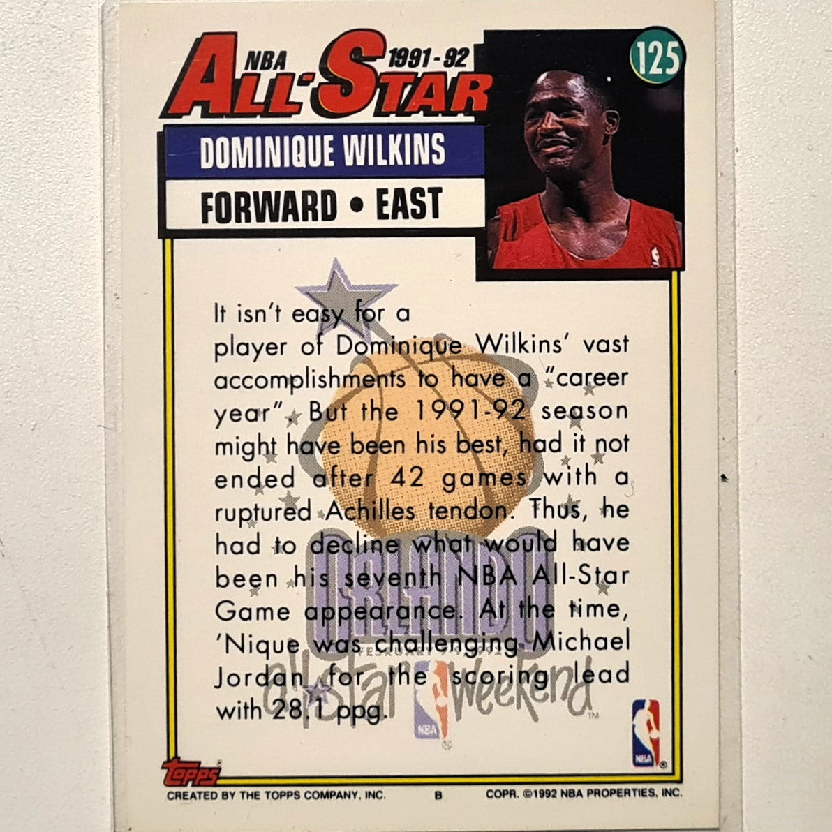 Dominique Wilkins 1992 Topps All-Star #125 NBA Basketball Atlanta Hawks excellent Sleeved