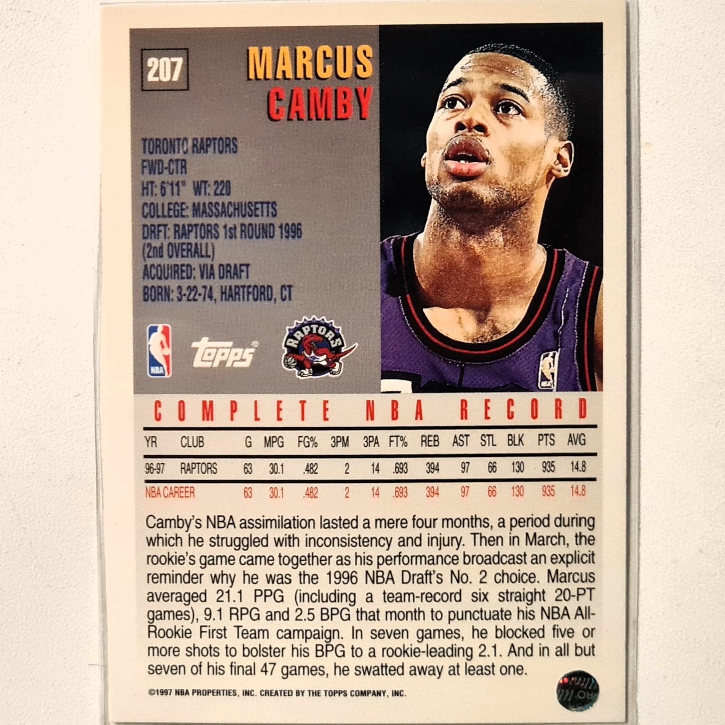 Marcus Camby 1997 Topps #207 NBA Basketball Toronto Raptors excellent Sleeved