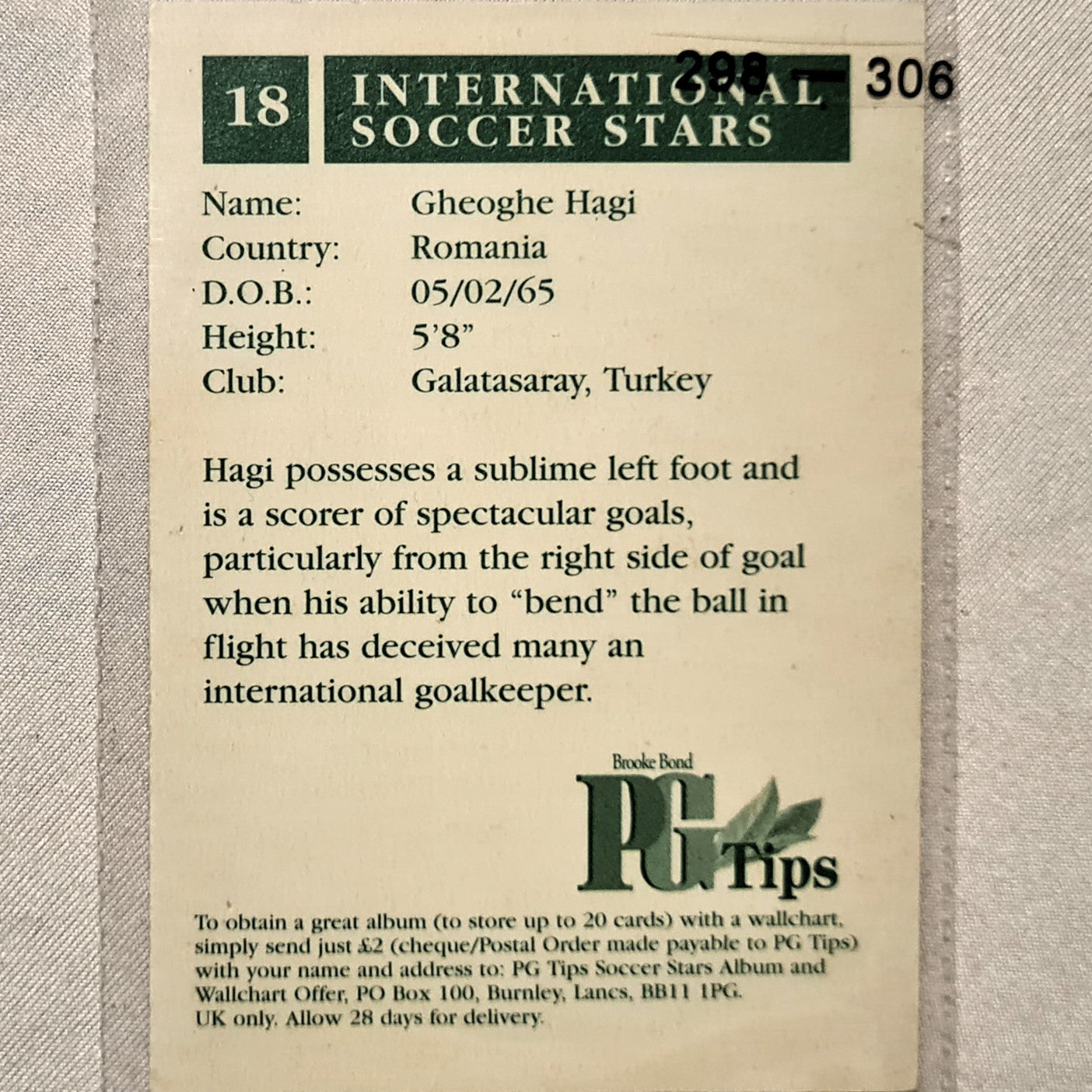 Gheoghe Hagi 1998 World Cup PG Tips UK promotional card found in tea bag boxes #18 Romania