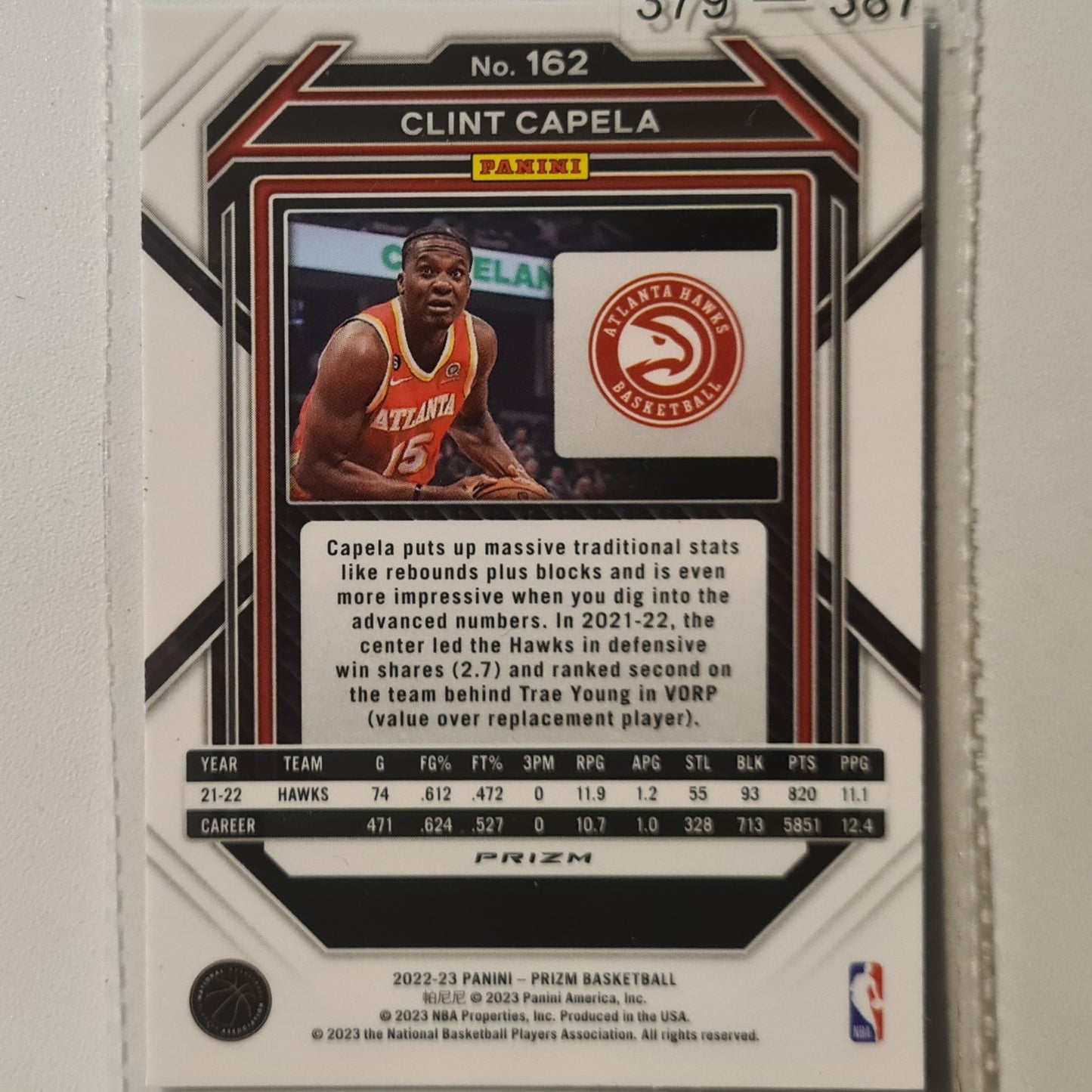 Clint Capella 2022-23 Panini Prizm cracked ice #162 NBA Basketball Atlanta Hawks case fresh sleeved