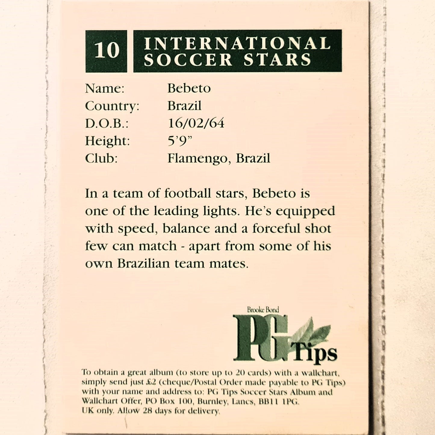 Bebeto 1998 World Cup PG Tips UK promotional card found in tea bag boxes #10 Brazil