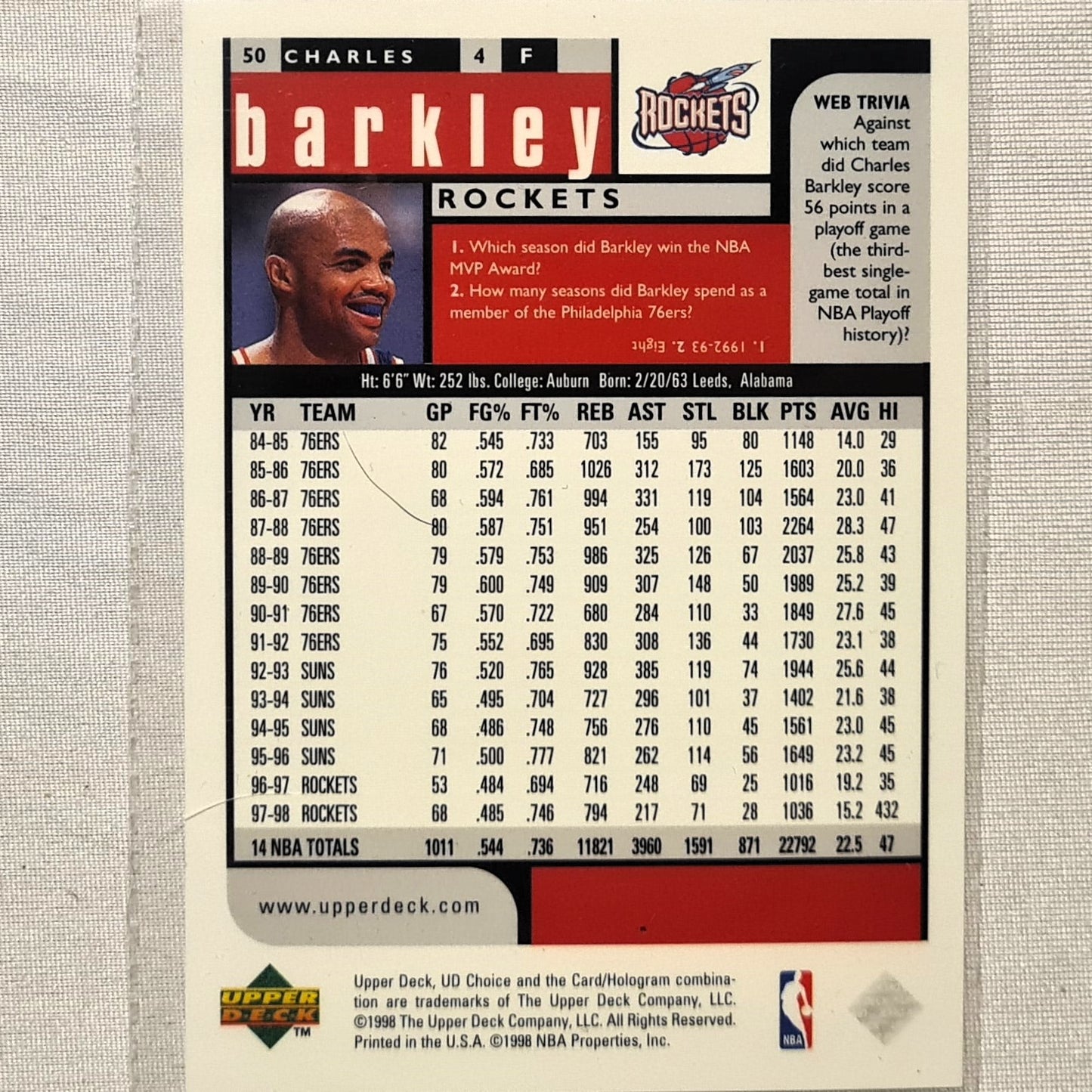 Charles Barkley 1998 Upper-Deck #50 NBA Basketball Houston Rockets excellent sleeved