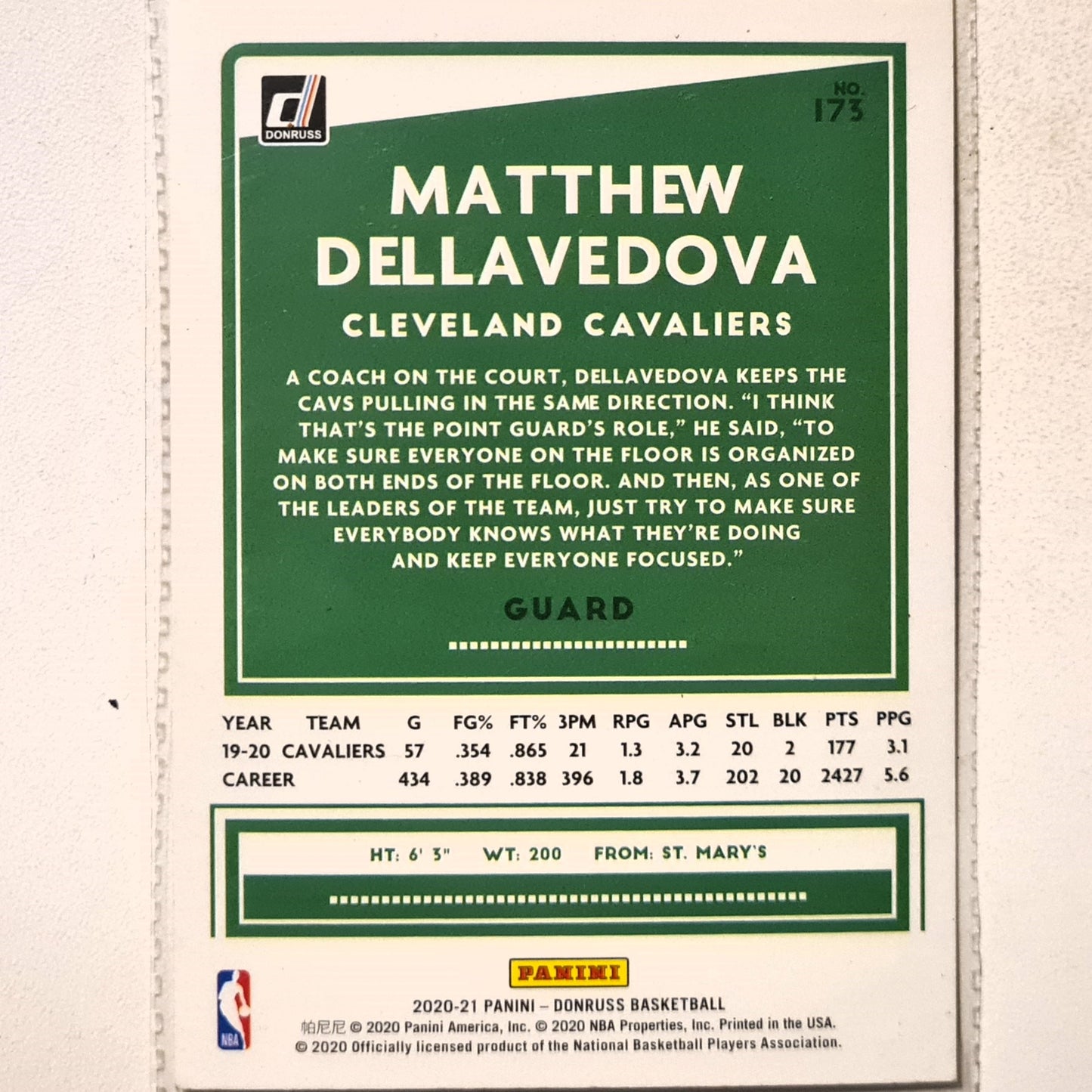 Matthew Dellavedova 2020-21 Panini Donruss yellow variant #175 NBA Basketball Cleveland Cavaliers Excellent