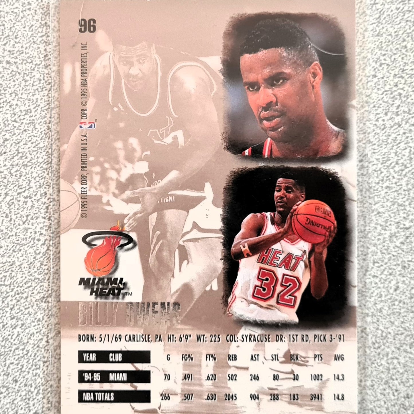 Billy Owens 1995 Fleer Ultra 95-96 #96 NBA Basketball Miami Heat very good Sleeved