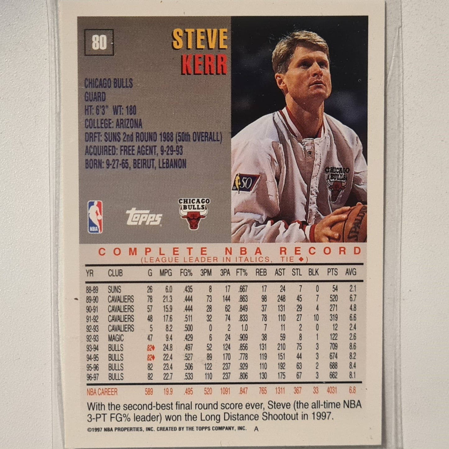 Steve Kerr 1997 Topps #80 NBA Basketball Chicago Bulls Excellent Sleeved