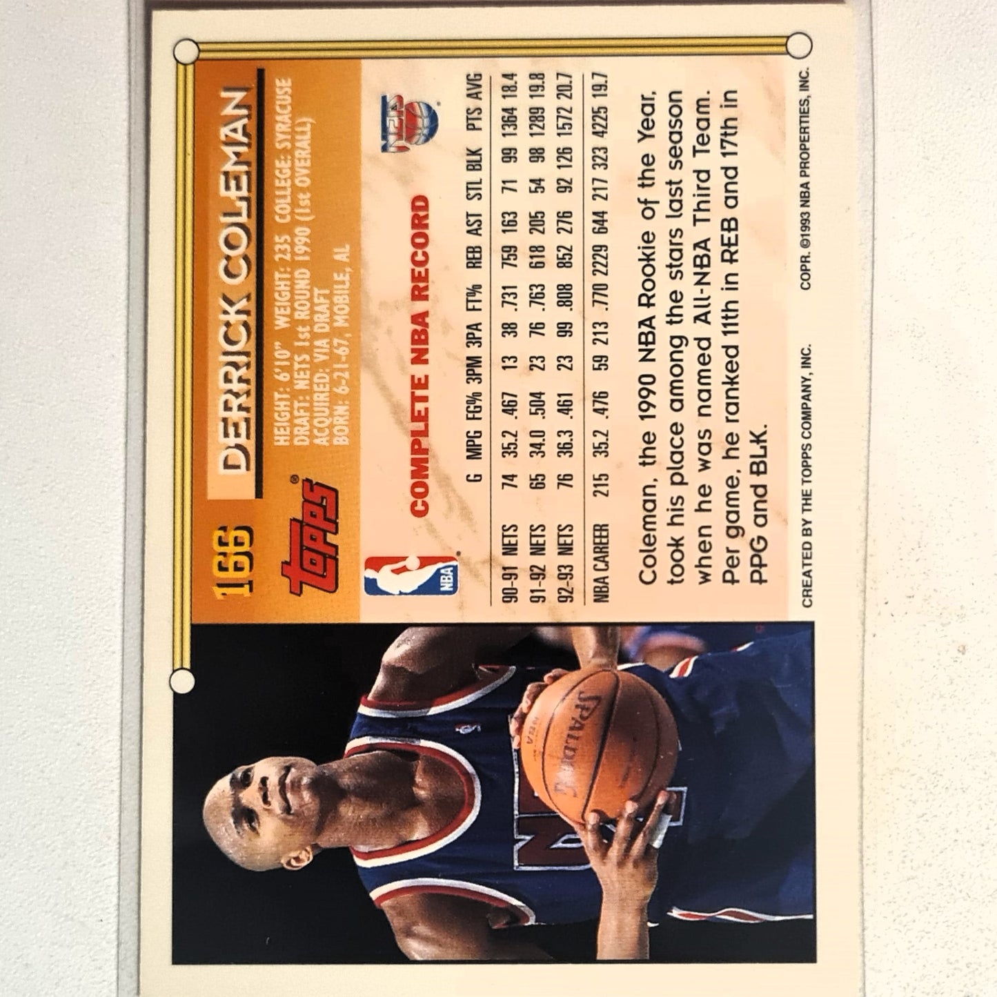 Derrick Coleman 1993 Topps #166 NBA Basketball New Jersey Nets excellent/mint Sleeved