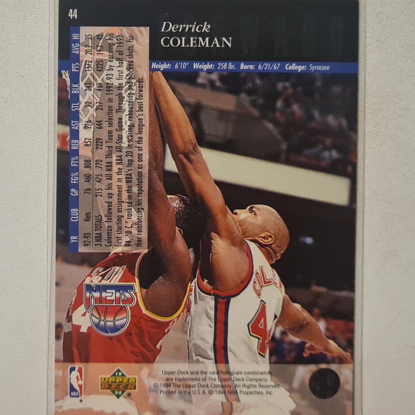 Derrick Coleman 1994 Upper-Deck #44 NBA Basketball New Jersey Nets excellent Sleeved