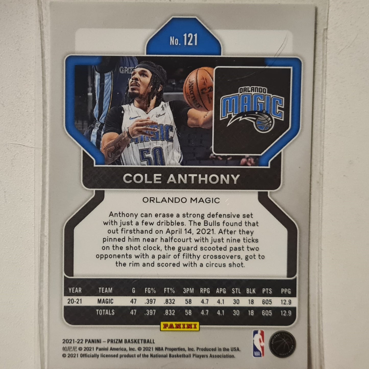 Cole Anthony 2021-22 Panini Prizm #121 NBA Basketball Orlando Magic Excellent