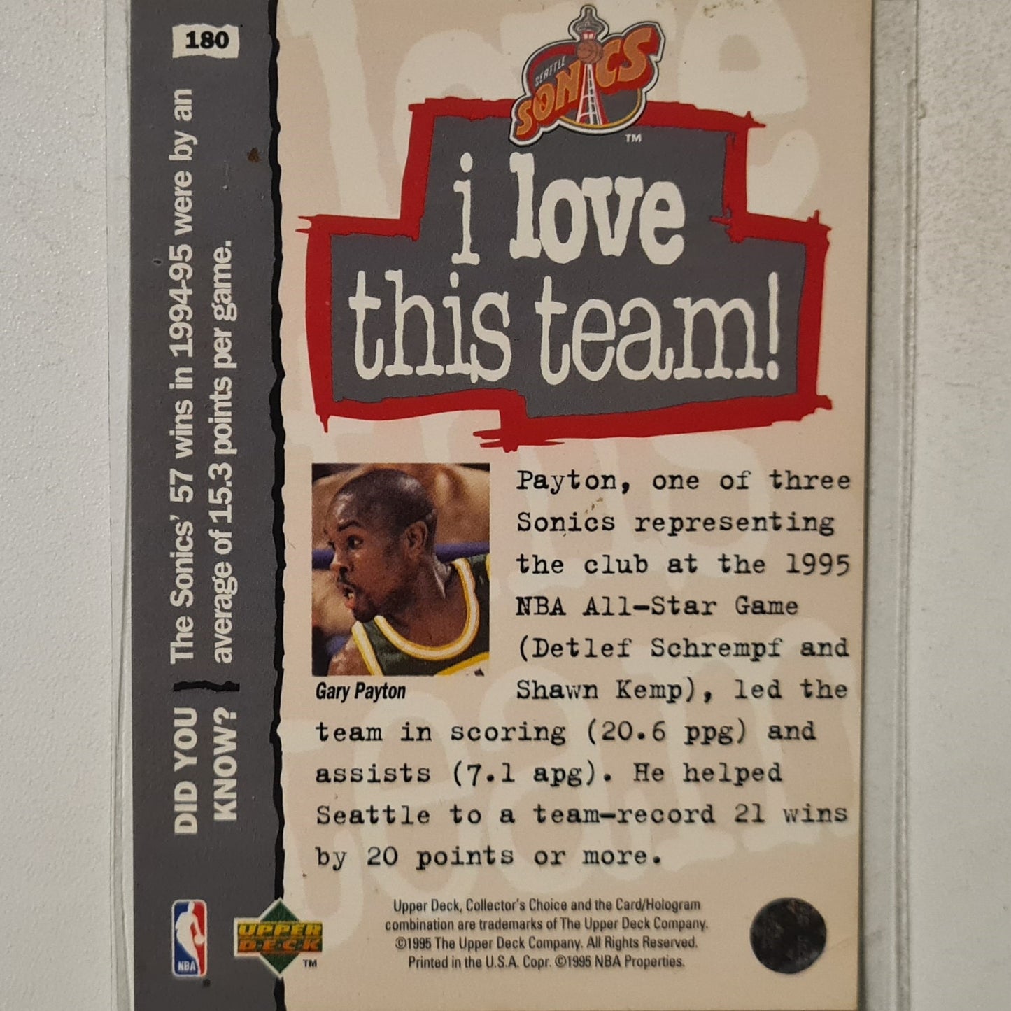 Gary Payton 1995 upper-Deck i love this team #180 NBA Basketball Seattle Super Sonics excellent Sleeved