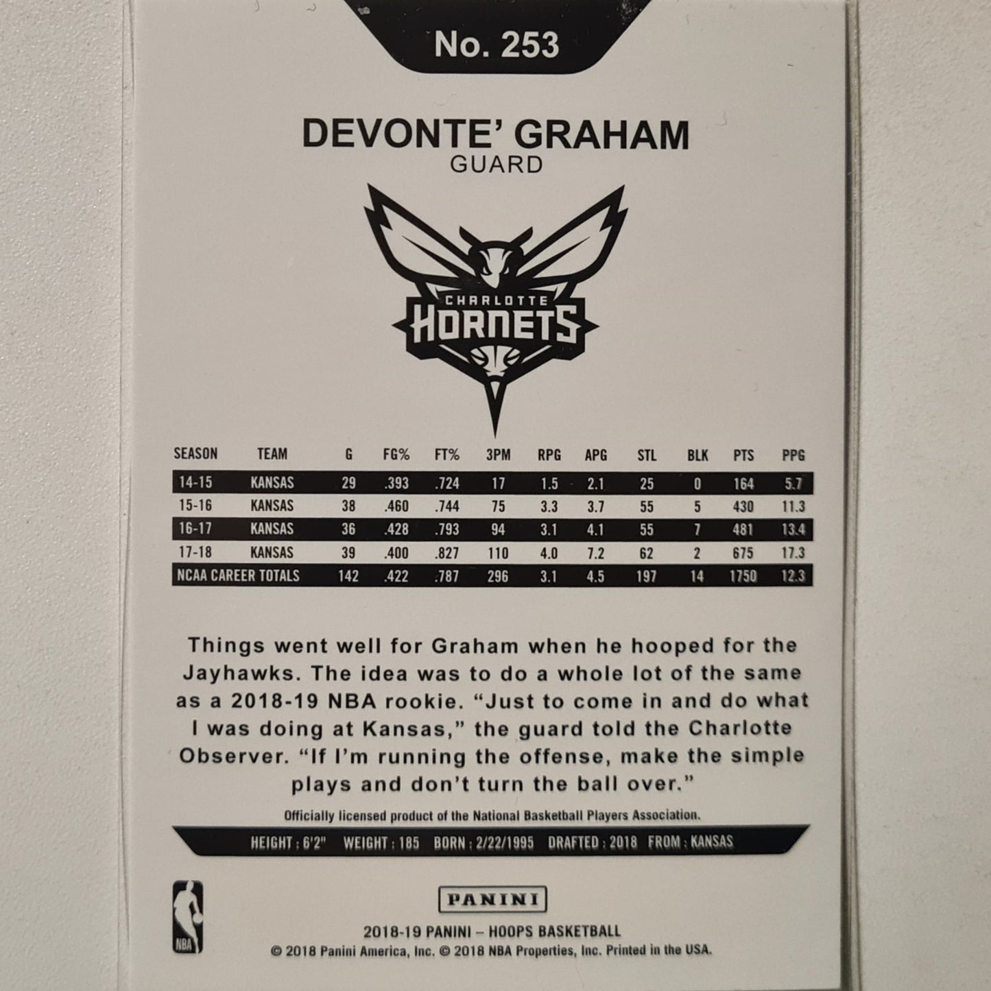 Devonte Graham 2018-19 Panini NBA Hoops Rookie RC #253 NBA Basketball Charlotte Hornets excellent Sleeved